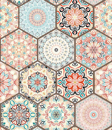 Rich Hexagon Tile Ornament from colorful mandalas. Seamless pattern in oriental style. Square tile...