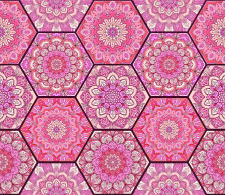 Pink Pattern. Hex boho seamless flower ornament from floral design elements. Honey comb tiles background. Intricate hexagon wallpaper, gift paper, fabric print, textile, furniture.のイラスト素材
