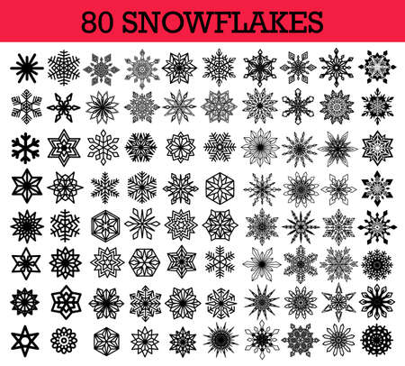 Snowflakes Isolated Set. Collection of different snow flakes, simple and intricate shape, outline and line design elements. For Christmas decoration, New Year card, sales , winter icon.のイラスト素材