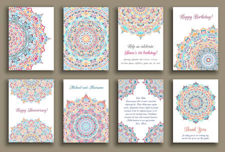 cards set. Wedding invitation, birthday greeting, thank you note, anniversary, baby shower template. Colorful decorative background. Floral mandala. Flower design element.のイラスト素材