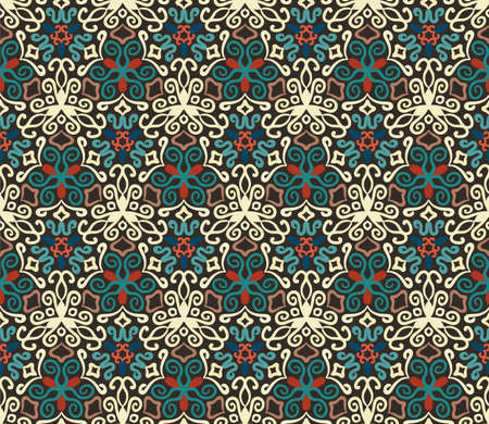 Seamless pattern background. Colorful flourish . Intricate luxury ornament. Dark color illustration. Decorative fabric print, furniture textile, wallpaper, pillow. Interior design elementのイラスト素材