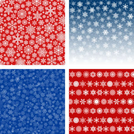 Snowflakes  and Seamless Patterns Set. Snow falling in blue sky. Intricate white and red decorative prints. Vibrant colors. Christmas and Happy New Year design elements.のイラスト素材