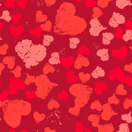 Grunge Valentine background. Painted Hearts Seamless Pattern. Distress texture ornament. Romantic decoration for gift paper, greeting card, banner, wallpaper. Irregular decorative design.のイラスト素材