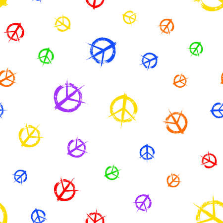 Pacifist peace symbols pattern. Rainbow seamless hand drawn background. Colorful grunge brush strokes design elements. Black white hippie signs. Irregular chaotic order. Unusual vector illustration.のイラスト素材