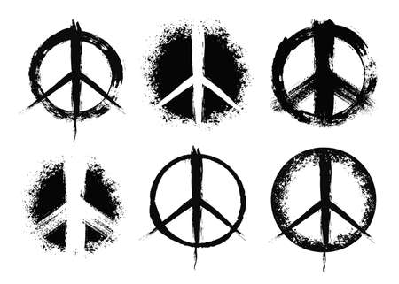 Pacifist peace symbols set. Hand drawn signs. Grunge brush strokes design elements. Black white hippie signs. Irregular chaotic order. Unusual vector illustration.のイラスト素材