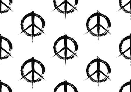Pacifist peace symbols pattern. Seamless hand drawn background. Grunge brush strokes design elements. Black white hippie signs. Regular repetition. Unusual vector illustration.のイラスト素材