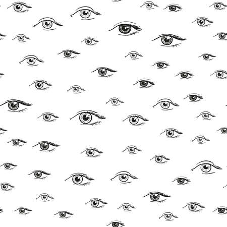Eyes pattern. Seamless hand drawn background for fashion fabric, psychedelic wallpaper, furniture textile. Unusual design. Black white vector illustration.のイラスト素材