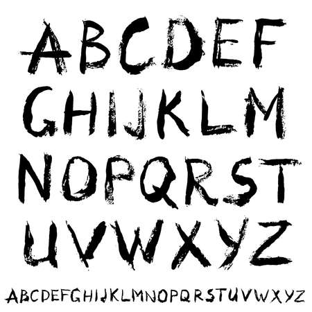 Painted Abc. Alternative letters. Bold grunge handwritten font. Sans serif alphabet. Distress texture. Brush strokes. Grungy splatter style. Paintbrush design upright symbols. Colorful vector.のイラスト素材