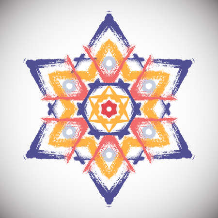 Painted star vector. Six-angle shape from colorful brush strokes. Abstract geometric pattern. Intricate circle ornament for  , emblem. Unusual mandala background. Blue yellow grunge illustration.のイラスト素材