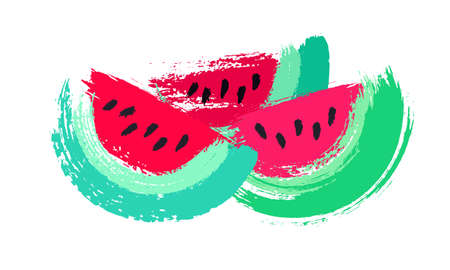 Painted Watermelon slices isolated on white background. Vector food illustration. Brush strokes design elements. Grunge fruit decoration. Bright pink red green colours.のイラスト素材