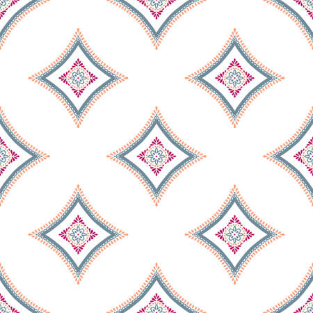 Seamless pattern background. Geometric boho decoration. Square repeat design elements. Round frame. Blue pink vector illustration. Abstract floral wallpaper print, linen fabric. Flower textile graphicのイラスト素材