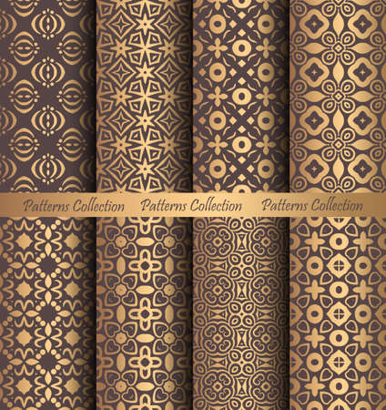 Luxury seamless patterns collection. Golden vintage design elements. Elegant weave ornament for wallpaper, fabric, paper, invitation print. Stylized damask vector background. Curvy floral motif.のイラスト素材