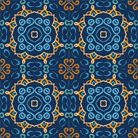 Blue pattern. Seamless weave background. Intricate oriental decoration. Elegant abstract flower design element. Floral curvy square tile. Yellow, golden and brown colors. Luxury wallpaper, floor coverのイラスト素材