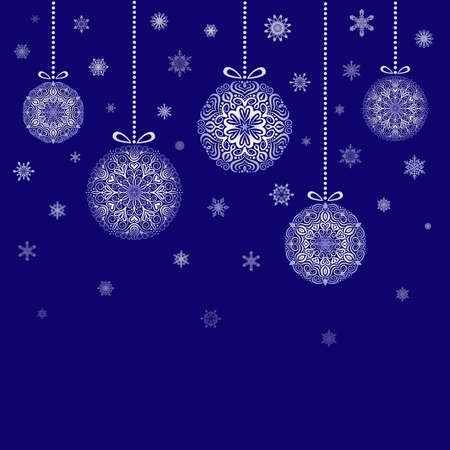 Christmas Balls hanging on blue background. Mandala decorative design elements. Falling snowflakes and beads. Intricate flourish Happy New Year Card.のイラスト素材