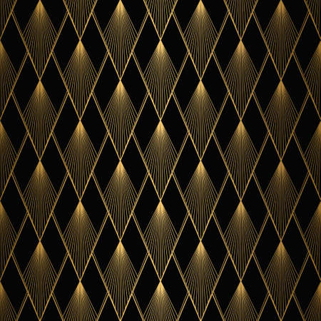 Art Deco Pattern. Seamless black and gold background. Metallic shells or scales lace ornament. Minimalistic geometric design. Vector lines. 1920-30s motifs. Luxury vintage illustrationのイラスト素材