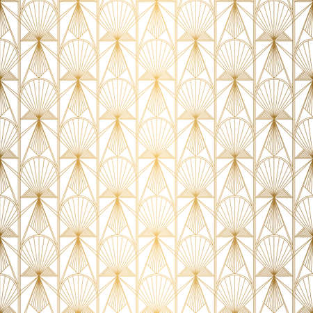 Art Deco Pattern. Seamless white and gold background. Metallic shells or scales lace ornament....