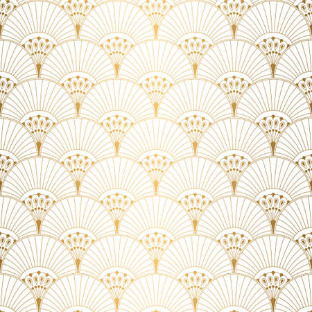 Art Deco Pattern. Seamless white and gold background. Metallic shells or scales lace ornament. Minimalistic geometric design. Vector lines. 1920-30s motifs. Luxury vintage illustration. Wedding ornateのイラスト素材