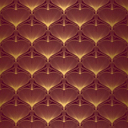 Art Deco Pattern from hearts. Seamless gold and red backgroundのイラスト素材