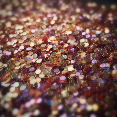 Gold glitter floating on dark background. Golden bokeh, sparkles and glowの素材