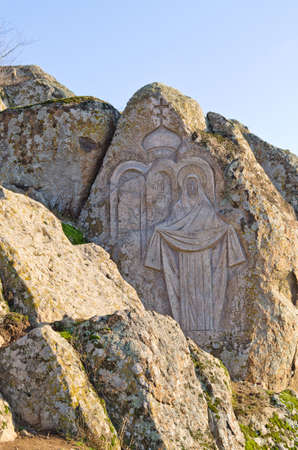Fresco of Maiden Maria on a rockの写真素材