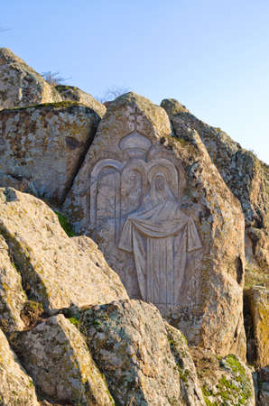 Fresco of Maiden Maria on a rockの写真素材