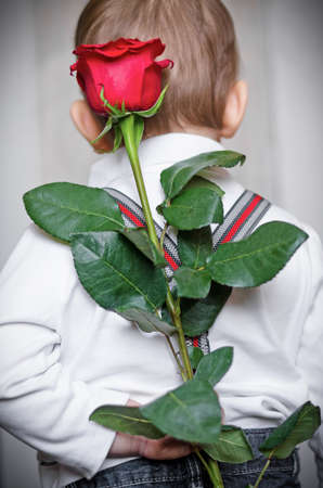 The little boy has prepared a surprise for mum, the flower a red rose and holds it behind the backの写真素材