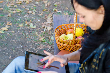 Young woman sitting on a bench alongside a basket of fresh apples using a tablet with an image of a...