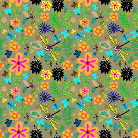 Butterflies and dragonflies floral patternのイラスト素材