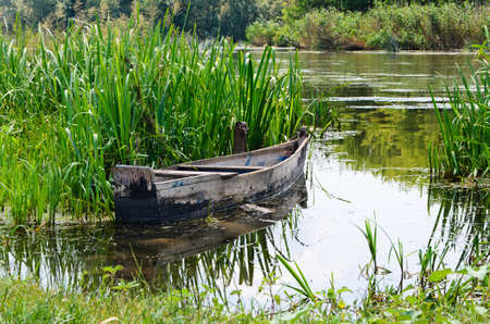 Old traditional wooden rowboat stranded on a beautiful lake on a sunny day