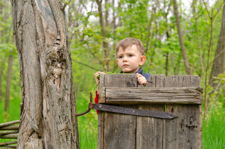 Cute little boy peering over an old rustic wooden gate in lush green countryside with a serious expression as he watches something off frameの写真素材