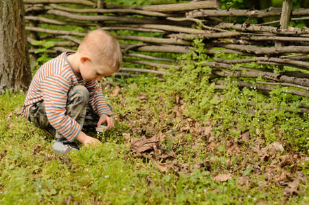 Young boy lighting a fire outdoors kneeling down in the grass striking a match against the boxの写真素材