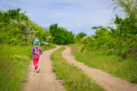 Small girl in a colorful outfit with her blond hair in pigtails walking away down a country track in green countrysideの写真素材
