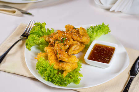 Gourmet Delicious Main Dish with Dipping Sauce on white Plate. Served on Table with Utensils on Sides.の写真素材