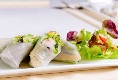 Close up Gourmet Main Entree of Healthy Asian Fresh Spring Rolls Recipe with Lettuce on White Plate.の写真素材