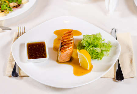 Plated Meal of Grilled Salmon with Sauce and Garnish Served in Restaurantの写真素材