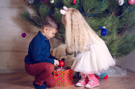 Close up Helpful Kids in Trendy Outfits Decorating a Huge Home Christmas Tree with Balls from a Box