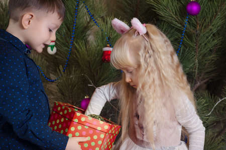 Close up White Kids Preparing Christmas Tree with Colored Christmas Balls from the Box.の写真素材