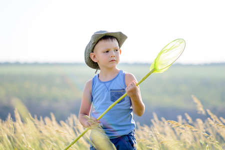Waist Up Portrait of Young Boy Outdoors in Summer Standing in Field Holding Green Bug Net and Looking to the Sideの写真素材