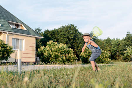 Little boy having fun catching insects crouching down on the lush green lawn outside a house with a net in his handの写真素材