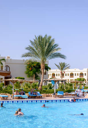 Tourists swimming in a pool at a tropical resort with palm trees and the hotel or holiday apartments のeditorial素材