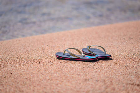 Pair of Flip Flop Thongs Resting Along Shoreline of Sandy Beach with Clear Waterの写真素材