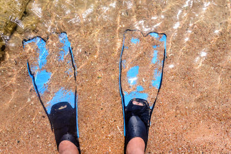 Person wearing flippers entering the sea standing in the shallow water ready to spend the day skin...