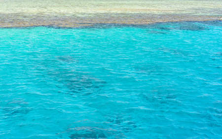 Crystal clear turquoise blue sea water lapping gently against a sandy shore or sand bank, conceptual of an idyllic summer vacation in the tropicsの写真素材