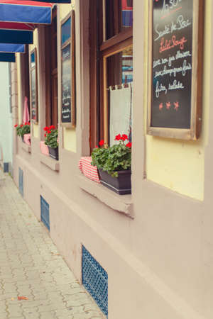 Flower beds in the restaurant building on the street Strasburg