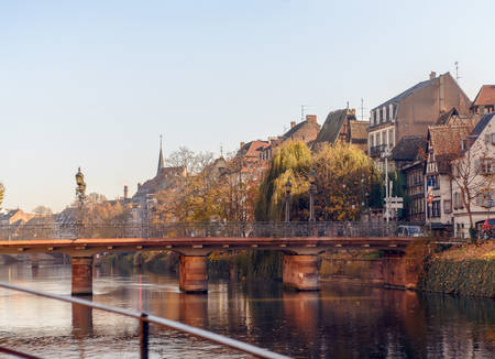 Picturesque houses along the Rur River in the historic center of Strasburg, Franceの写真素材