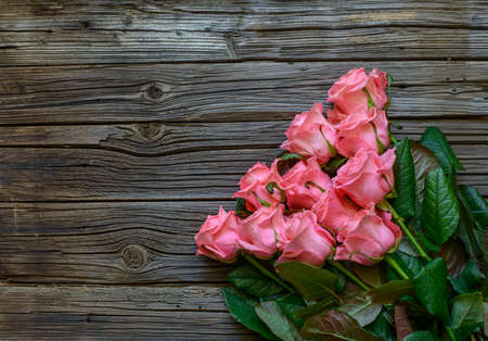 Lovely pink bundle of stemmed roses in corner of full frame old wooden background with copy spaceの写真素材
