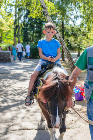 Little boy riding a horse peering over the top of its ears at the camera with a smile as he rides along a leafy roadの写真素材