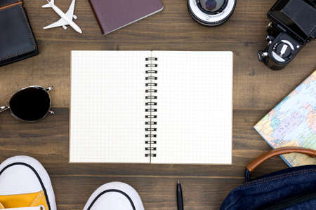 Overhead view of Traveler's accessories, Essential vacation items, Travel concept backgroundの写真素材