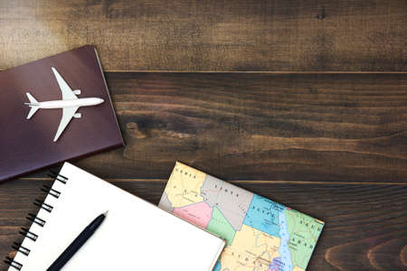 Overhead view of Traveler's accessories, Essential vacation items, Travel concept backgroundの写真素材