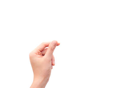 Human hand hold virtual business card, credit card or blank paper isolated on white background. This picture has clipping path for easy to use.の写真素材